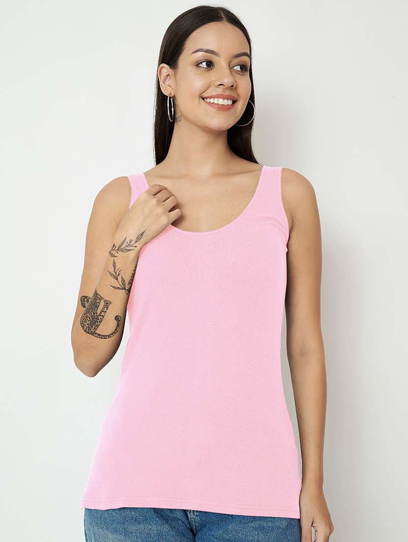 women solid round neck tank top