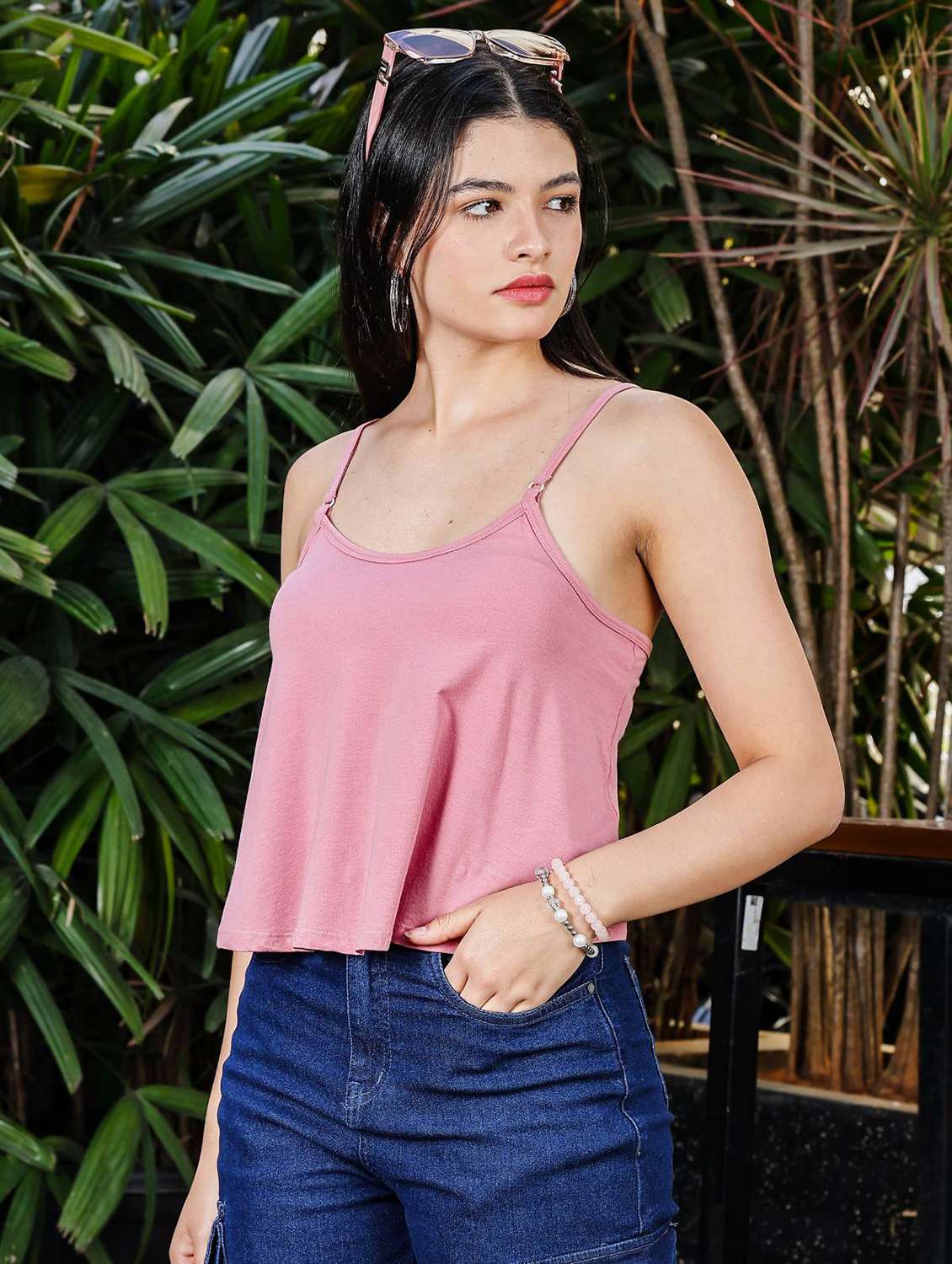 women solid shoulder strap crop top