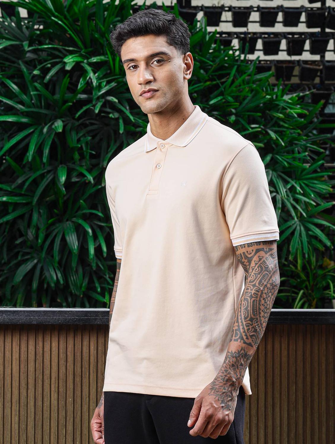 men beige solid short sleeve polo t-shirt - 21845464 - Standard Image - 2