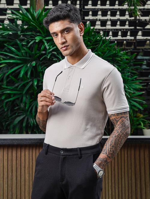 men grey solid short sleeve polo t-shirt - 21845465 - Standard Image - 0