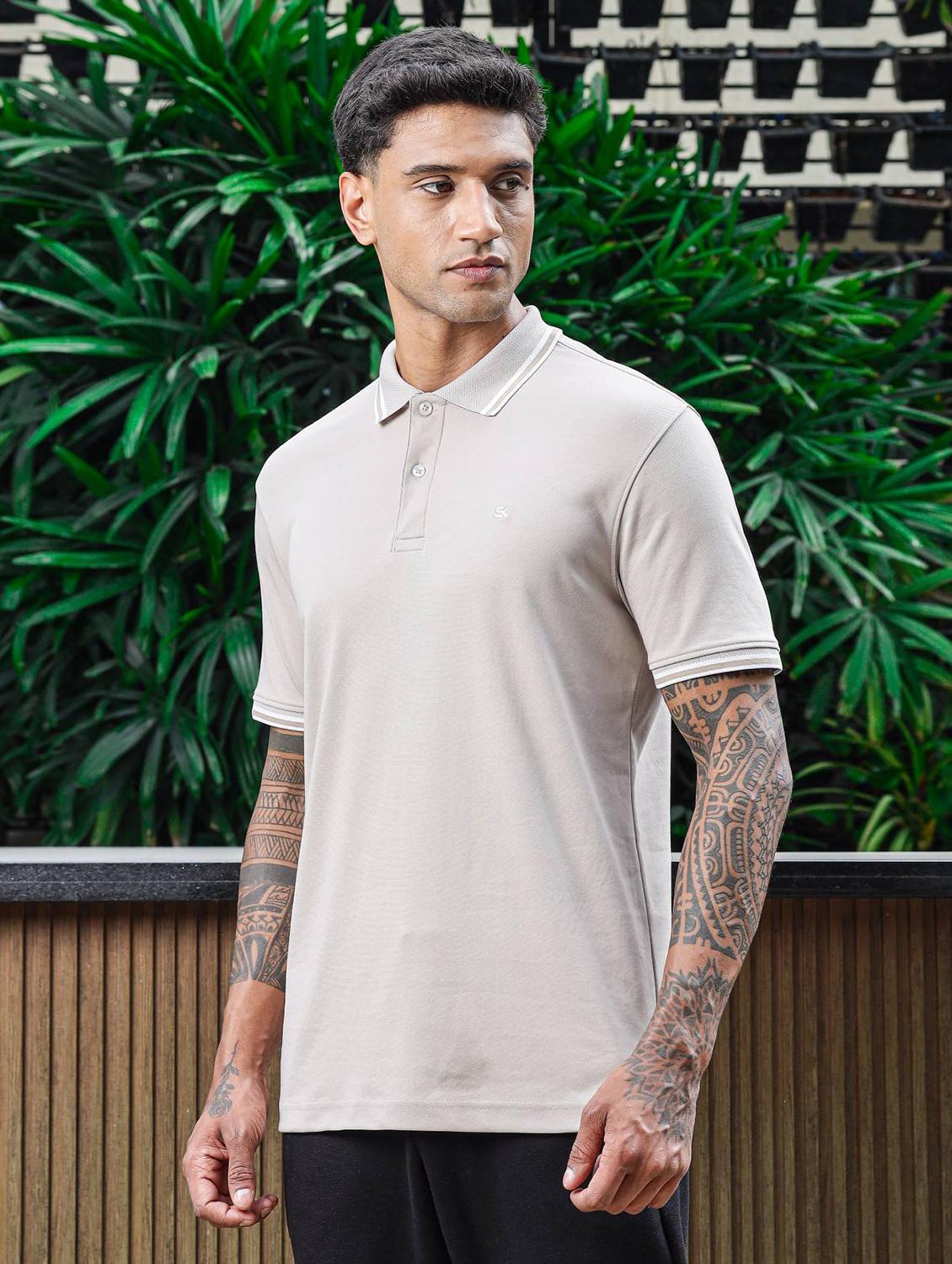 men grey solid short sleeve polo t-shirt - 21845465 - Standard Image - 2