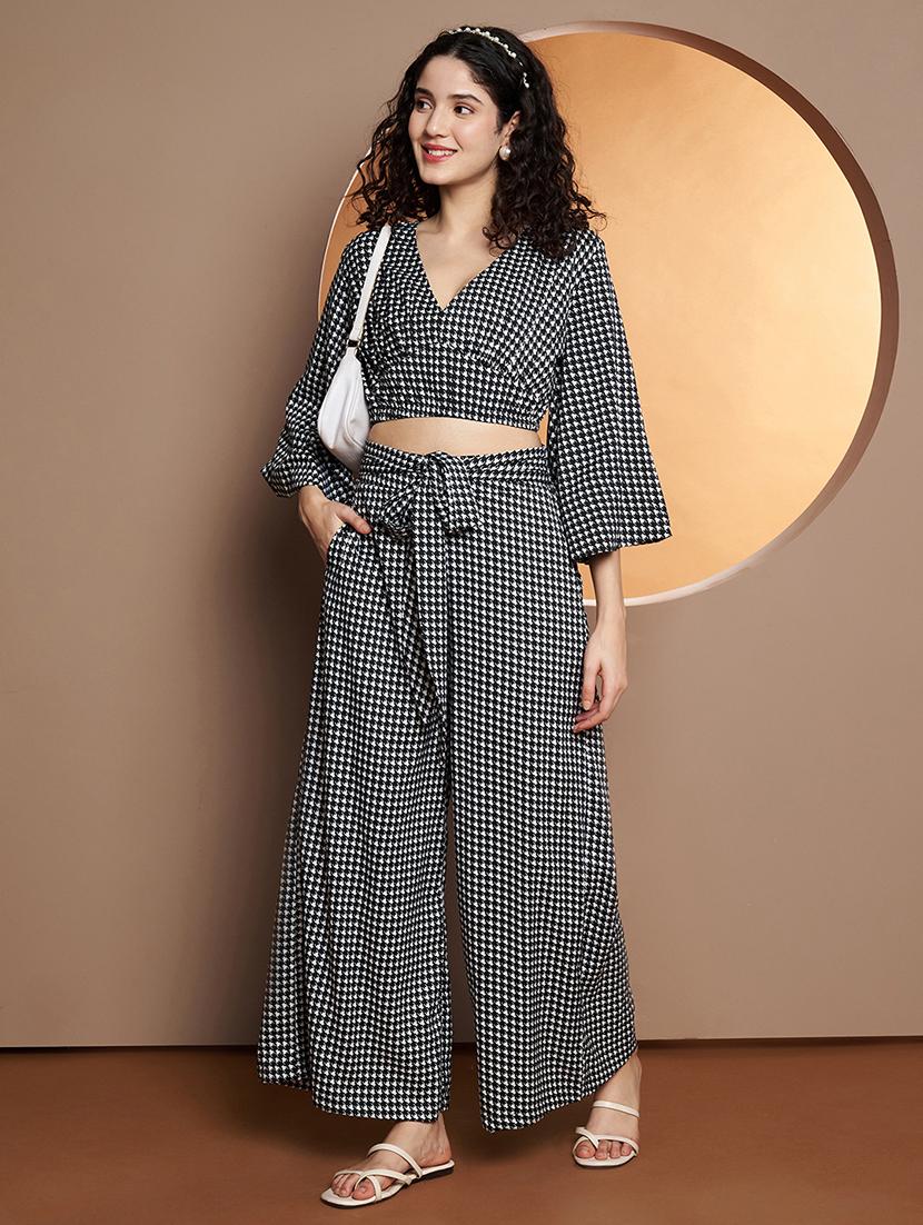 women houndstooth printed top and palazzo co-ord set