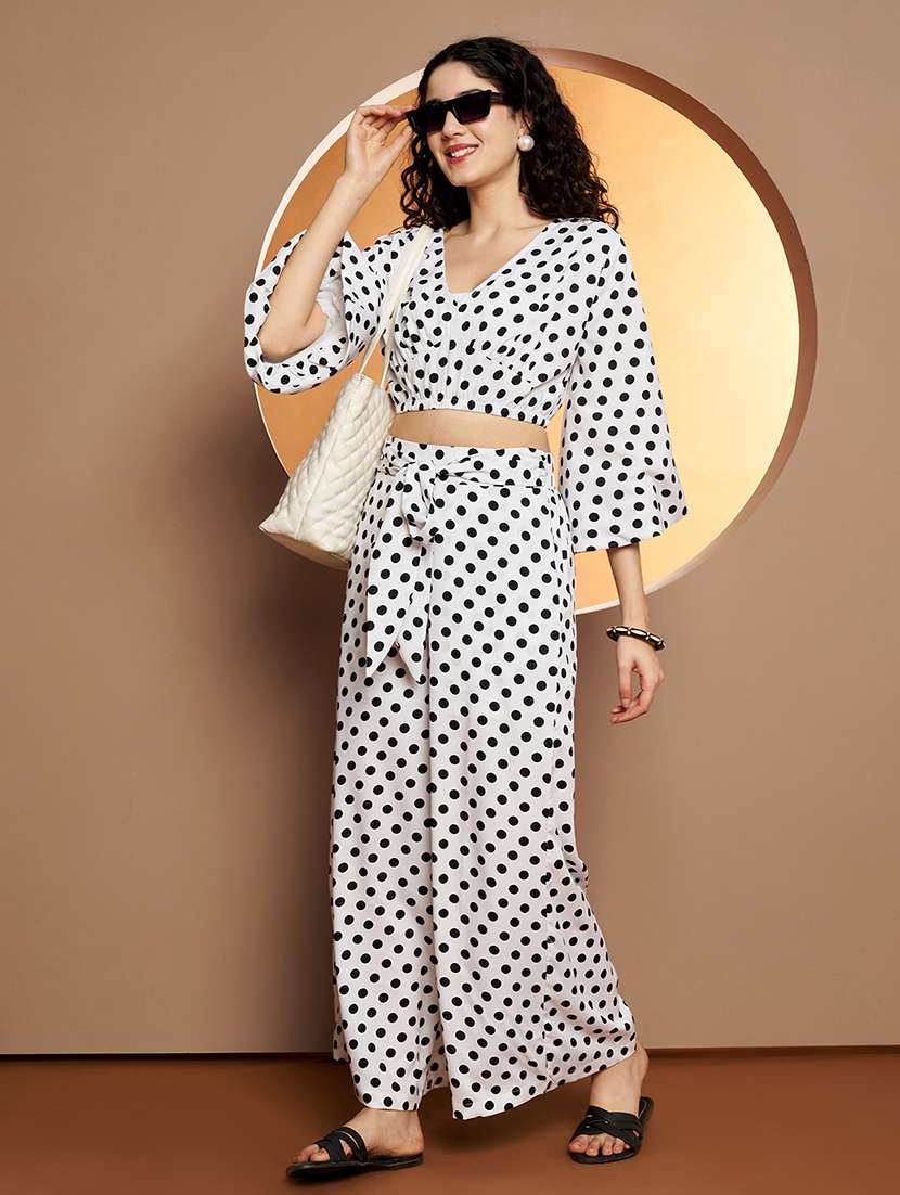 women polka doted top and palazzo co-ord set