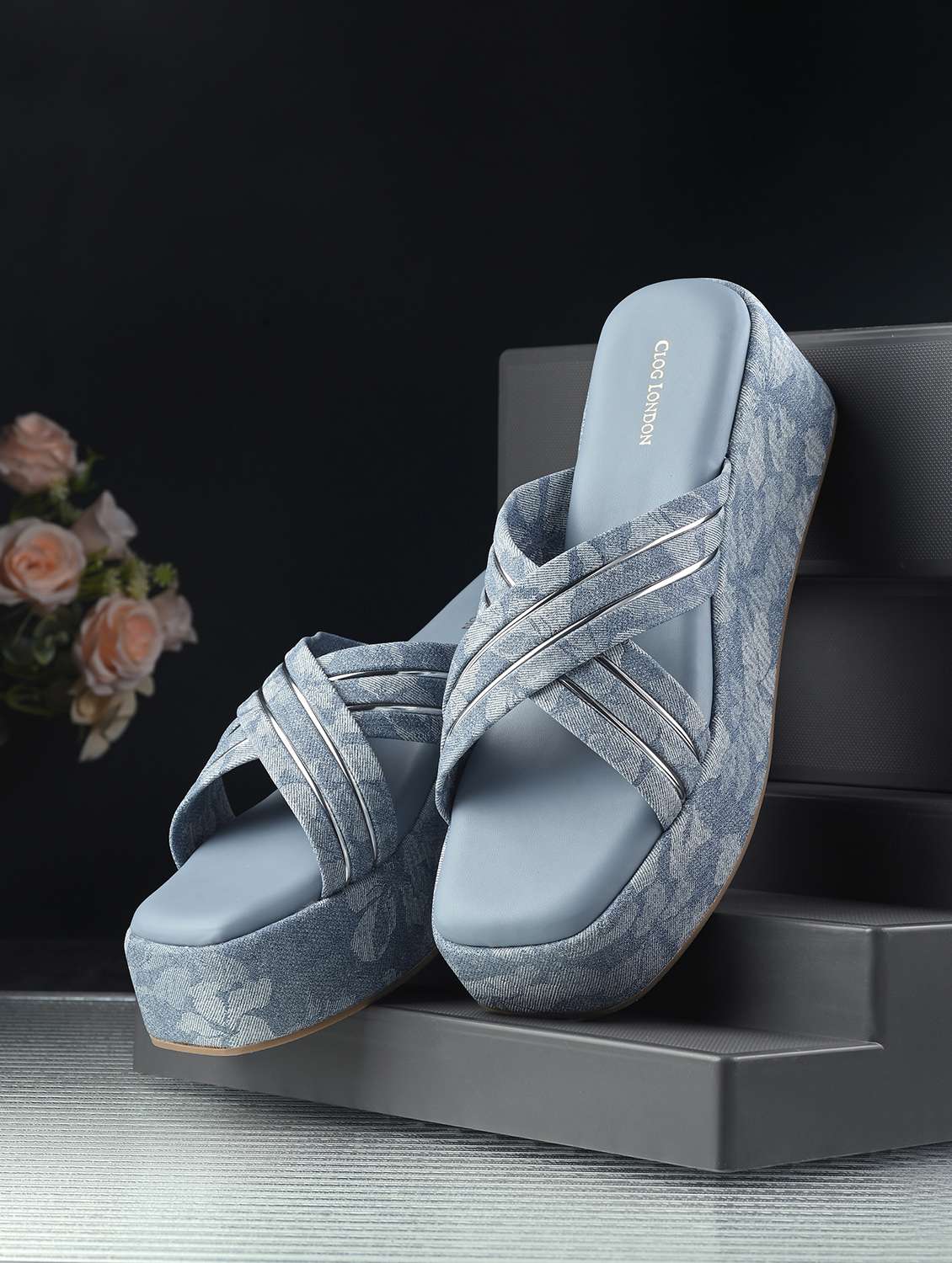 women blue slip on wedge