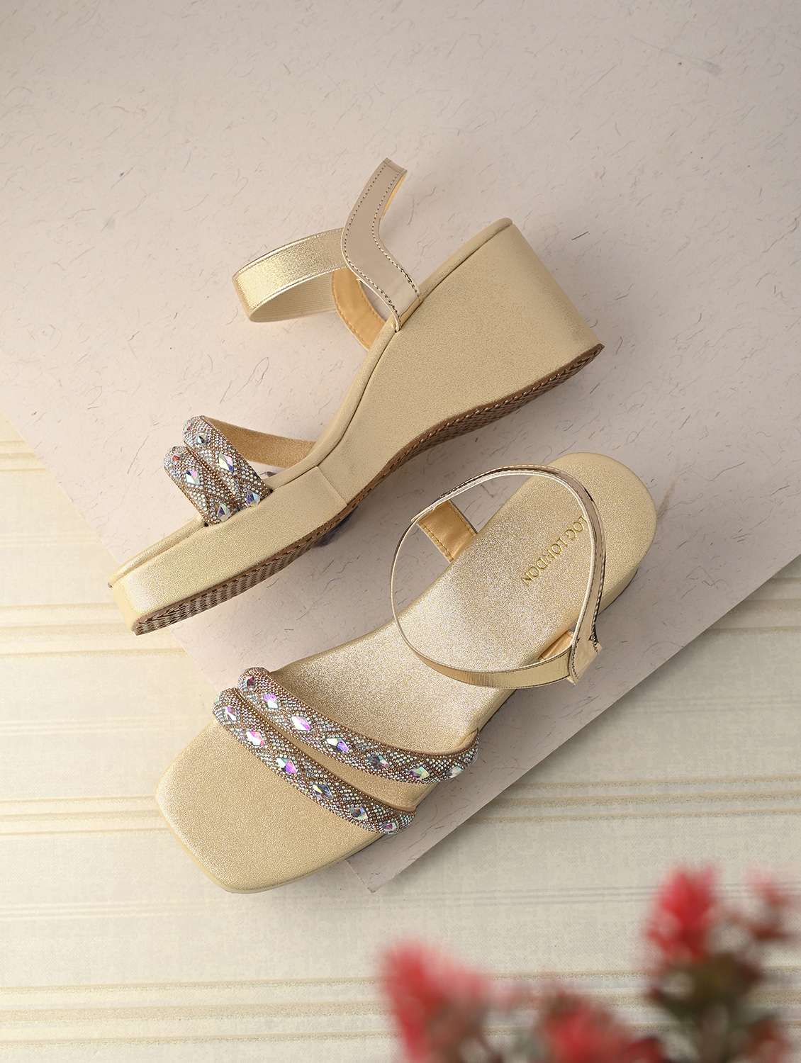 women gold ankle strap wedge