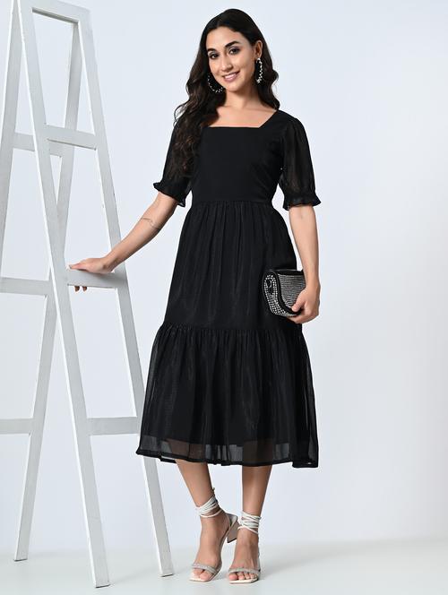 women solid puff sleeves tiered dress - 21845531 -  Standard Image - 0