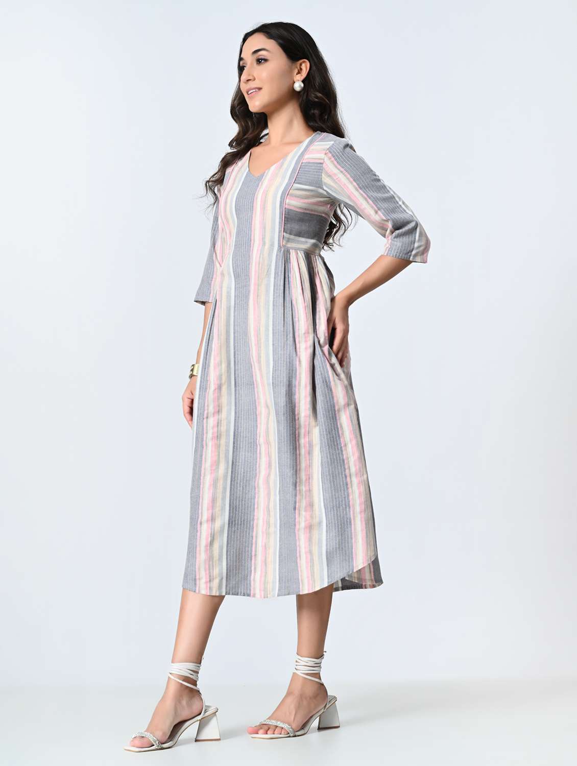women striped three quarter sleeves a-line dress - 21845547 -  Standard Image - 2