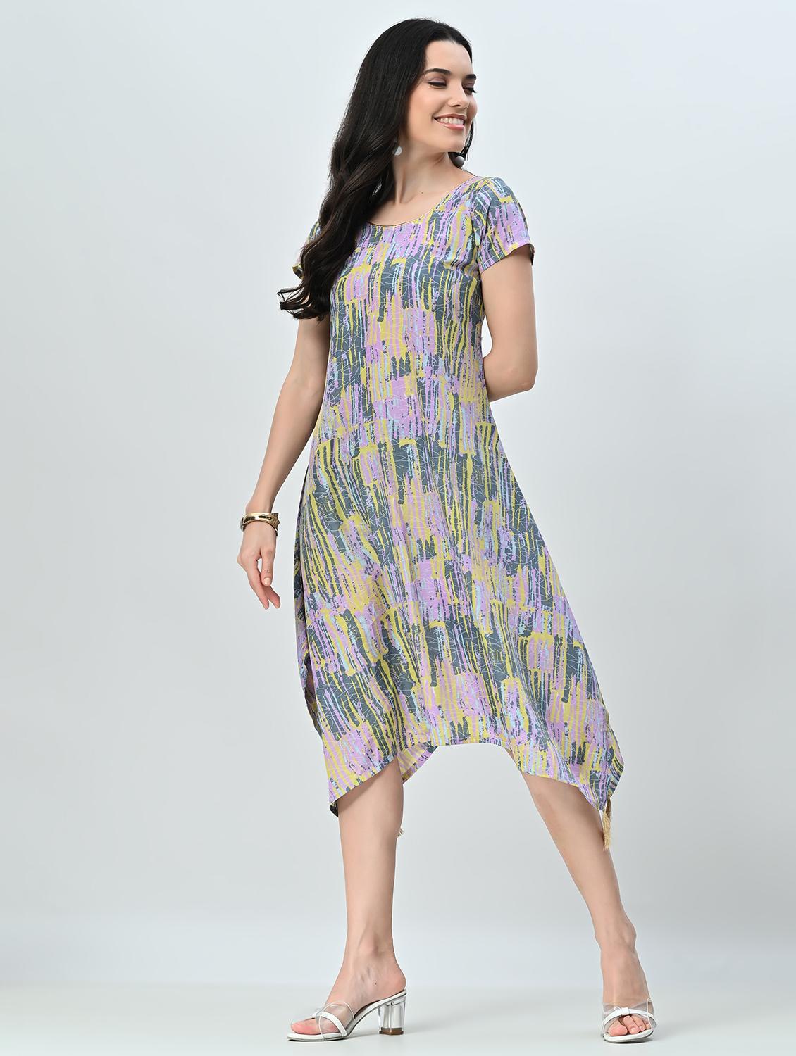 women printed round neck asymmetric dress - 21845548 - Standard Image - 2