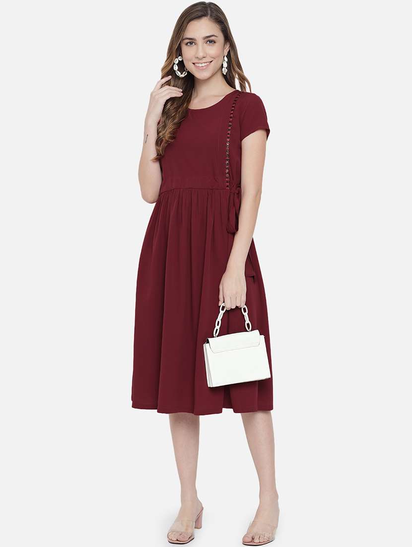 women solid round neck fit & flared dress