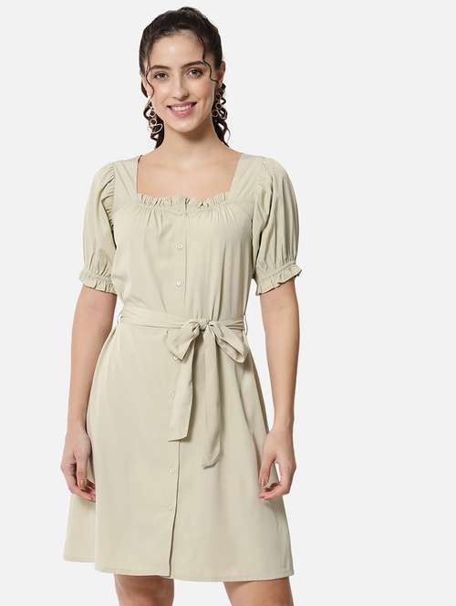 women solid puff sleeves a-line dress - 21845555 -  Standard Image - 0