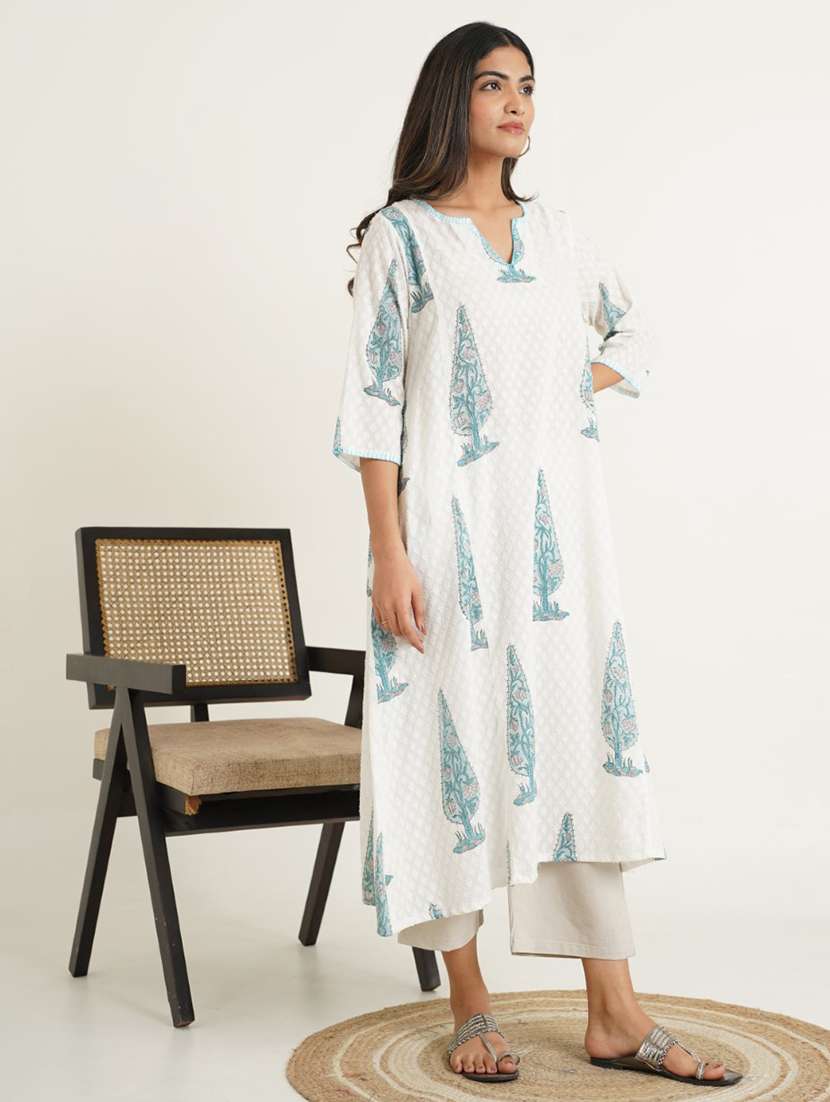 women white three quarter sleeve a-line kurta - 21853436 - Standard Image - 2