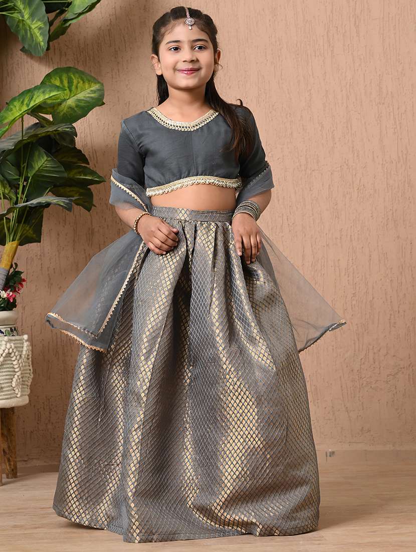 girls self design short sleeve lehenga choli set