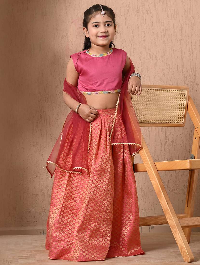 girls self design sleeveless lehenga choli set
