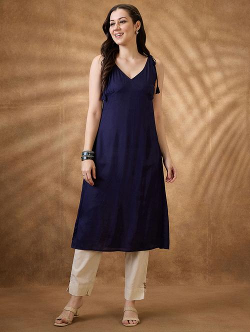 women navy blue solid sleeveless a-line kurta - 21853676 -  Standard Image - 0