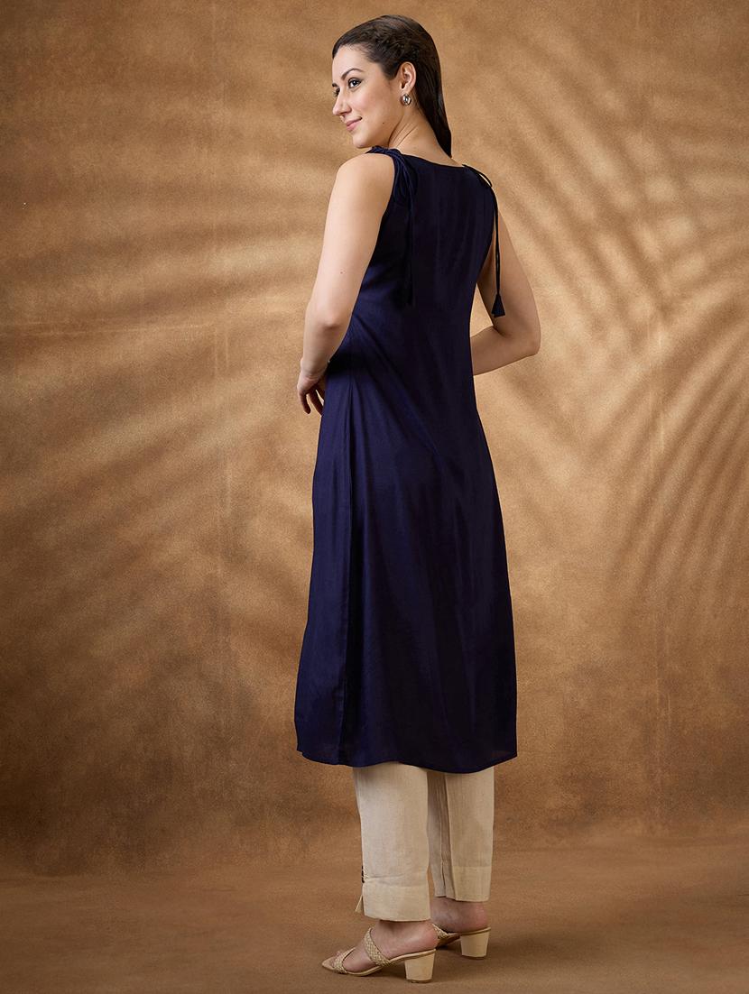 women navy blue solid sleeveless a-line kurta - 21853676 - Standard Image - 2