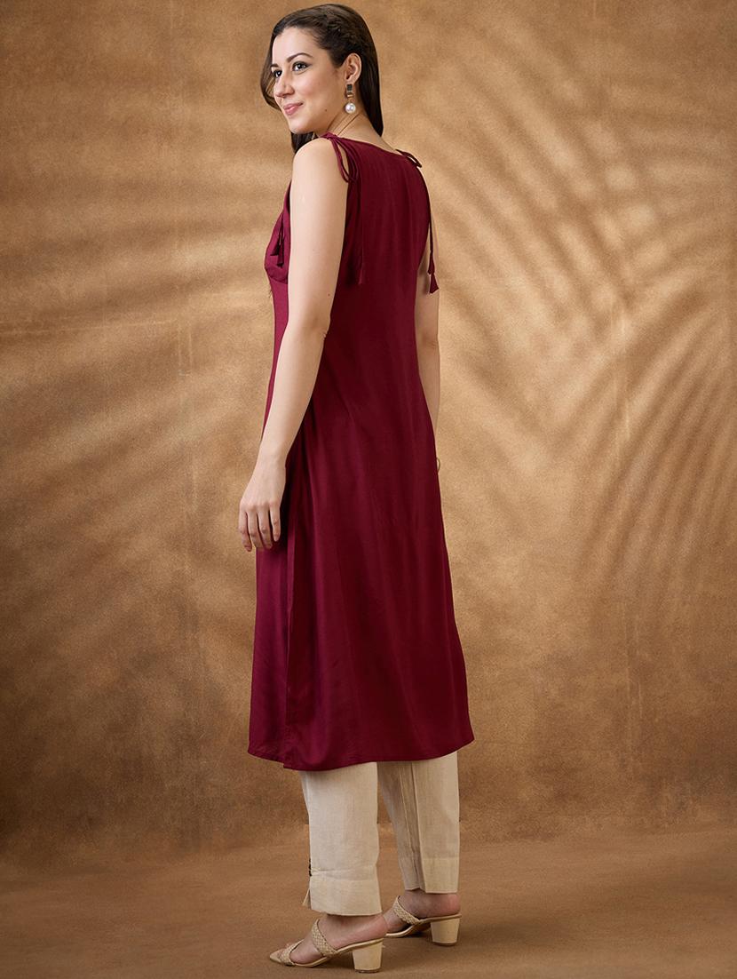 women maroon solid sleeveless a-line kurta - 21853677 - Standard Image - 2