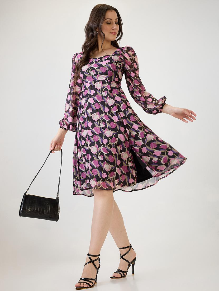 women printed puff sleeves fit & flare dress - 21853697 -  Zoom Image - 0