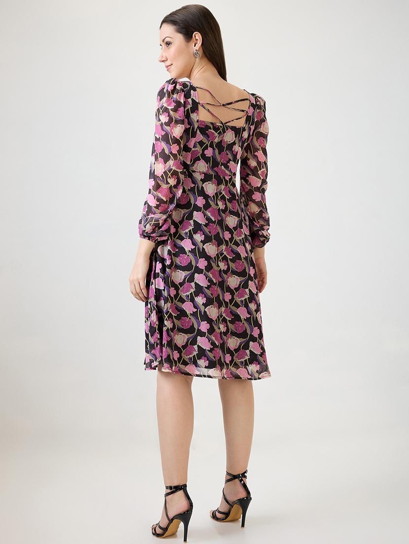 women printed puff sleeves fit & flare dress - 21853697 - Standard Image - 2