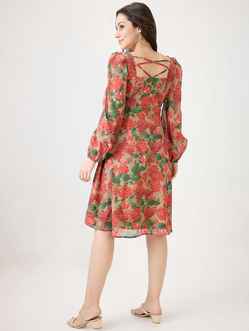 women floral print puff sleeves fit & flare dress - 21853698 - Standard Image - 2