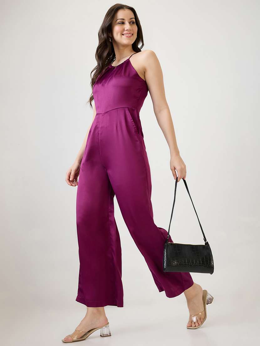 women solid halter neck full length jumpsuit