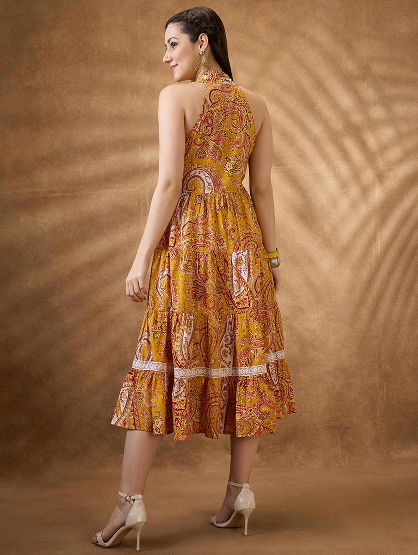 women yellow paisley v neck tiered ethnic dress - 21853720 - Standard Image - 2