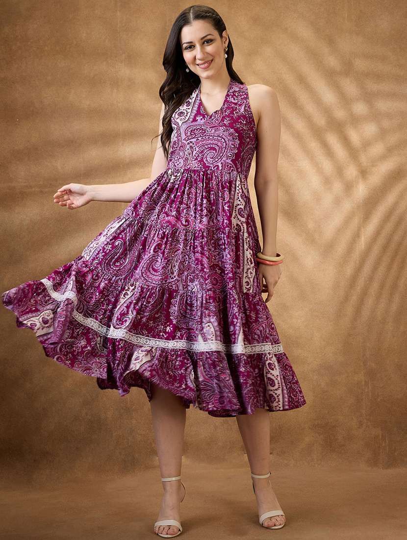 women purple paisley v neck tiered ethnic dress