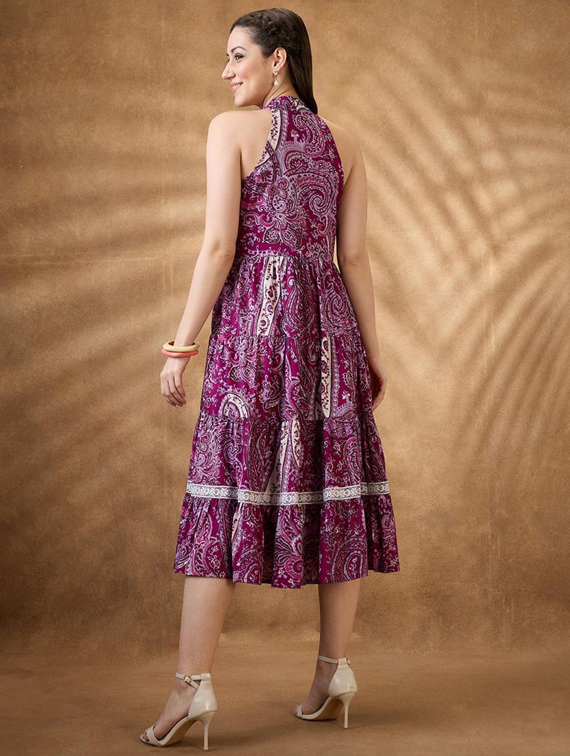 women purple paisley v neck tiered ethnic dress - 21853721 - Standard Image - 2