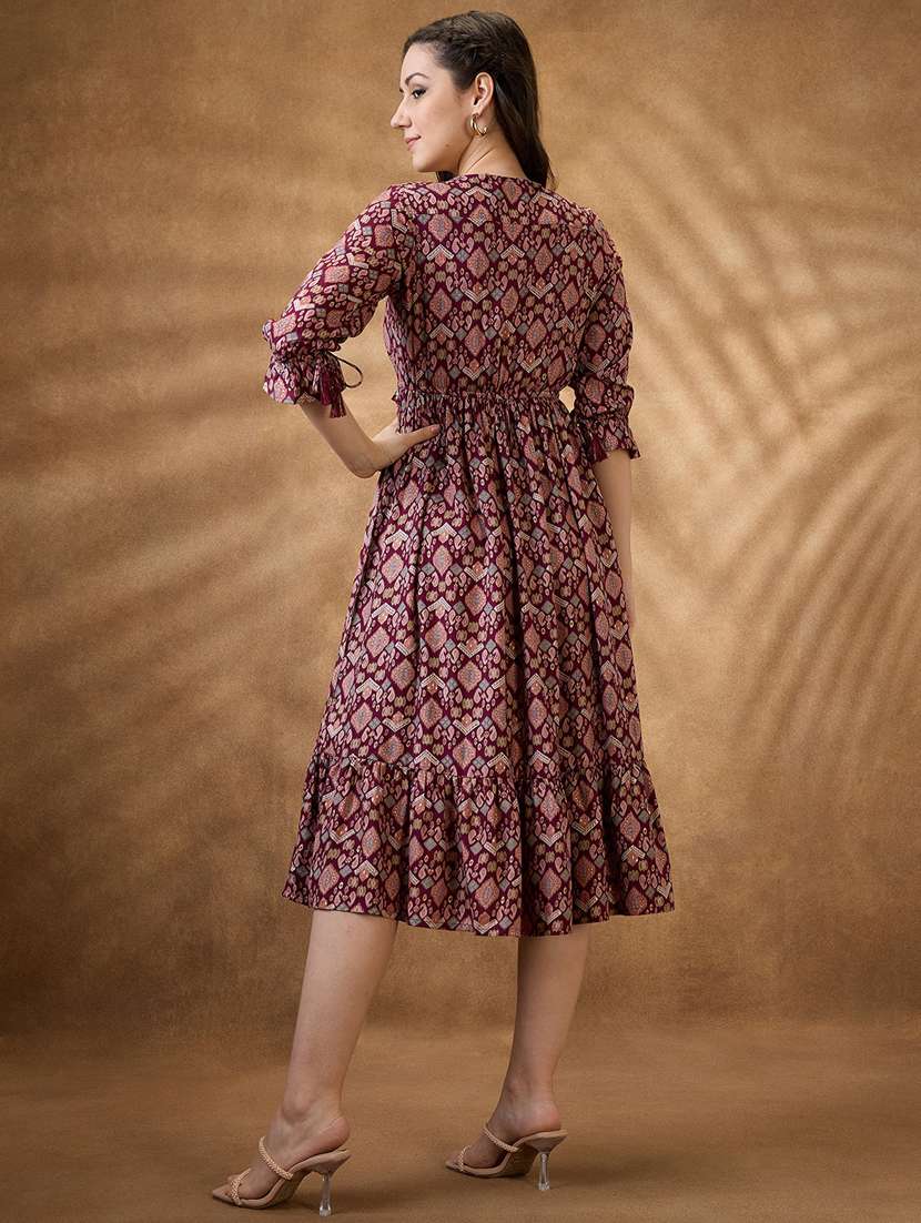 women burgundy v neck tiered ethnic dress - 21853722 -  Standard Image - 2