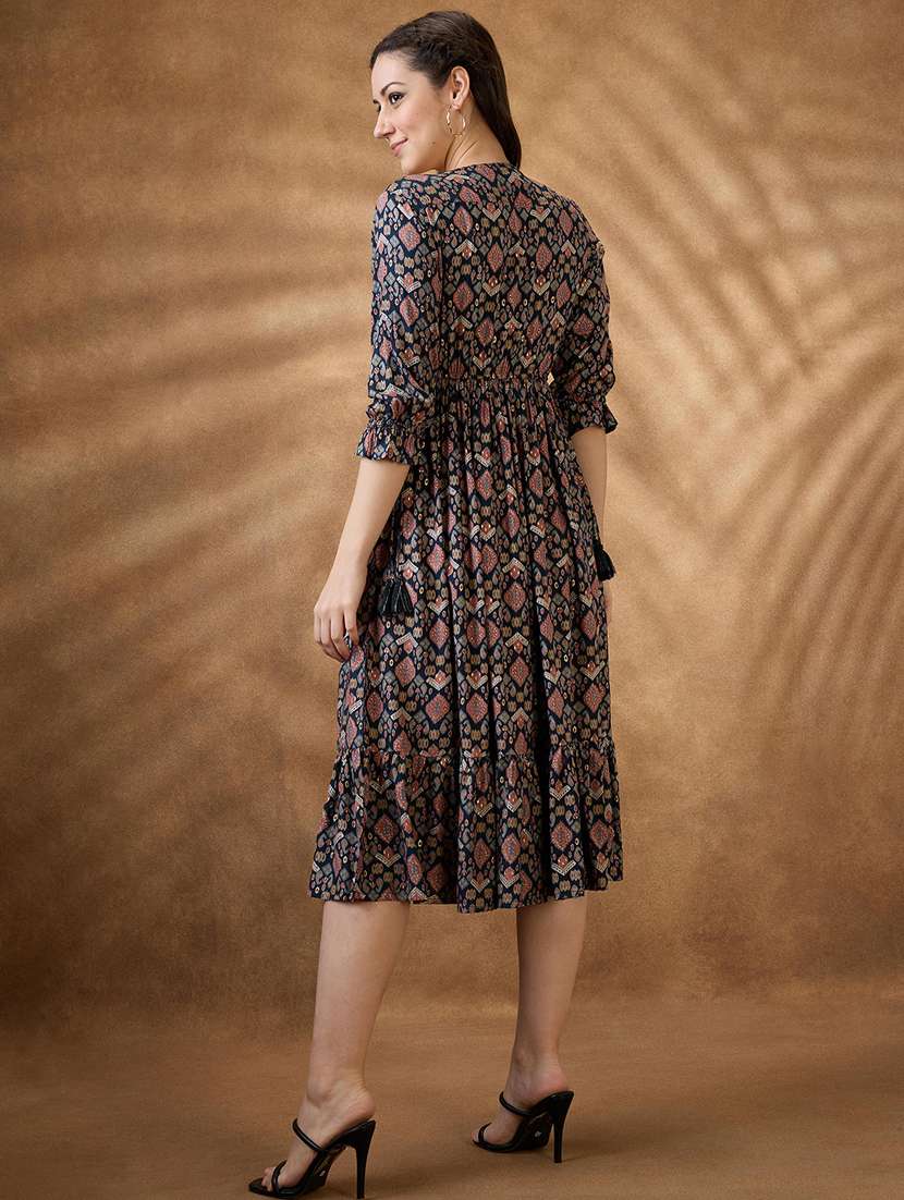 women teal printed v neck tiered ethnic dress - 21853723 -  Standard Image - 2