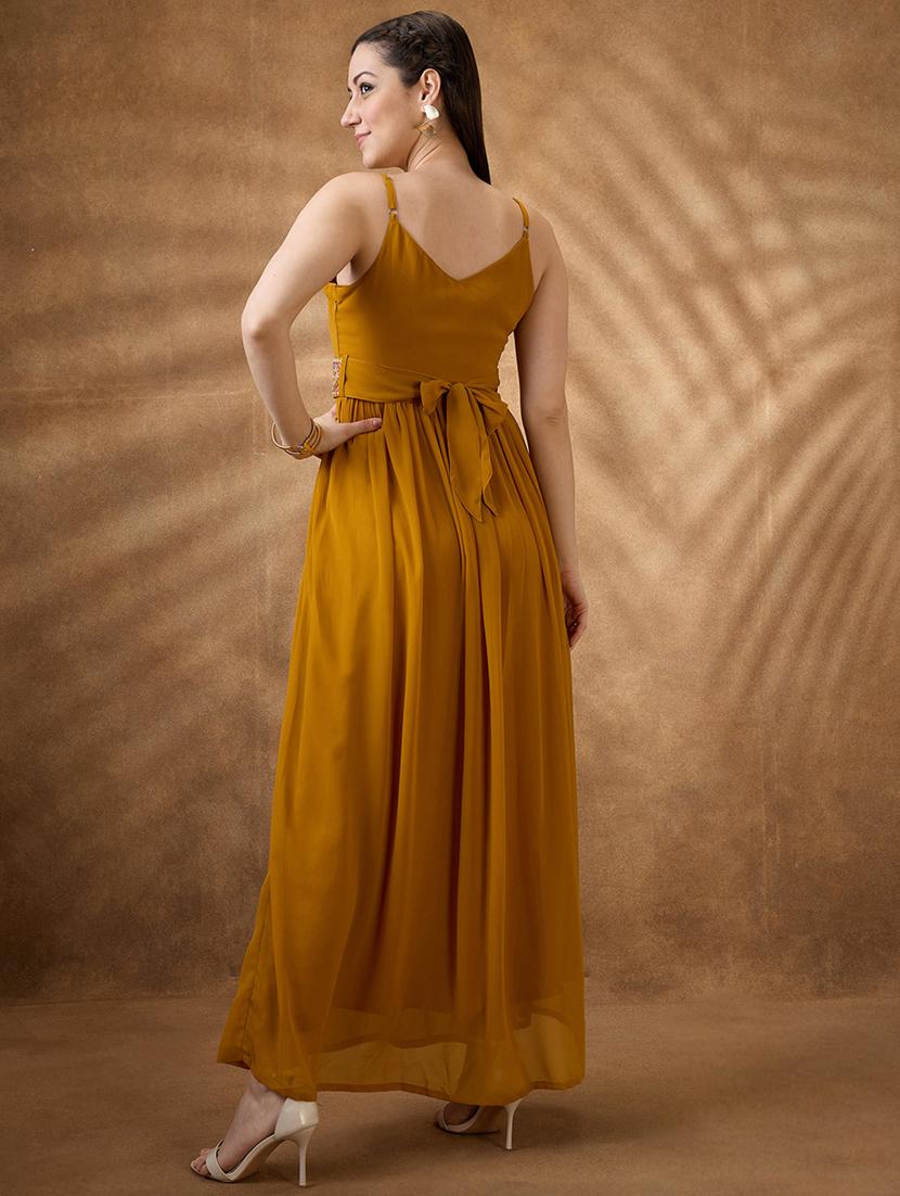 women mustard embroidered fit & flare ethnic dress - 21853724 - Standard Image - 2