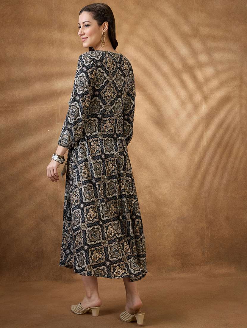 women black printed round neck flared ethnic dress - 21853726 -  Standard Image - 2