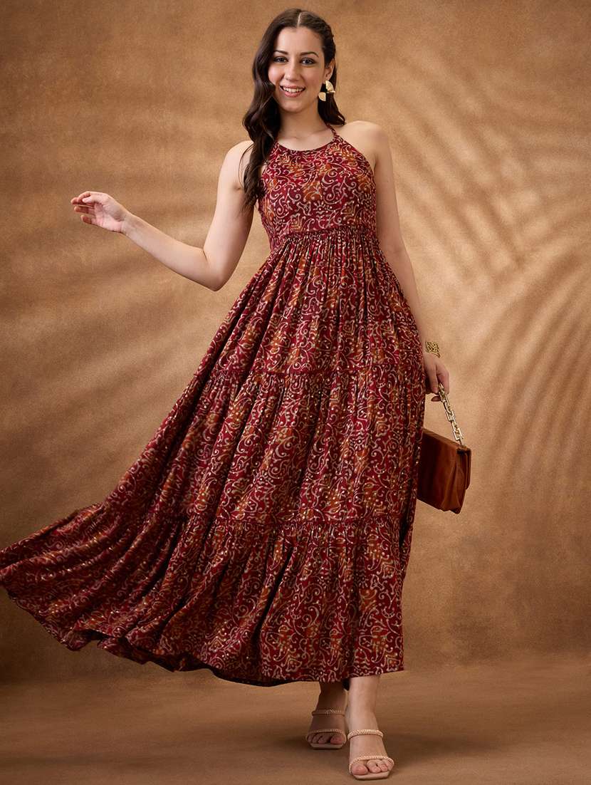 women maroon printed halter neck tiered ethnic dress