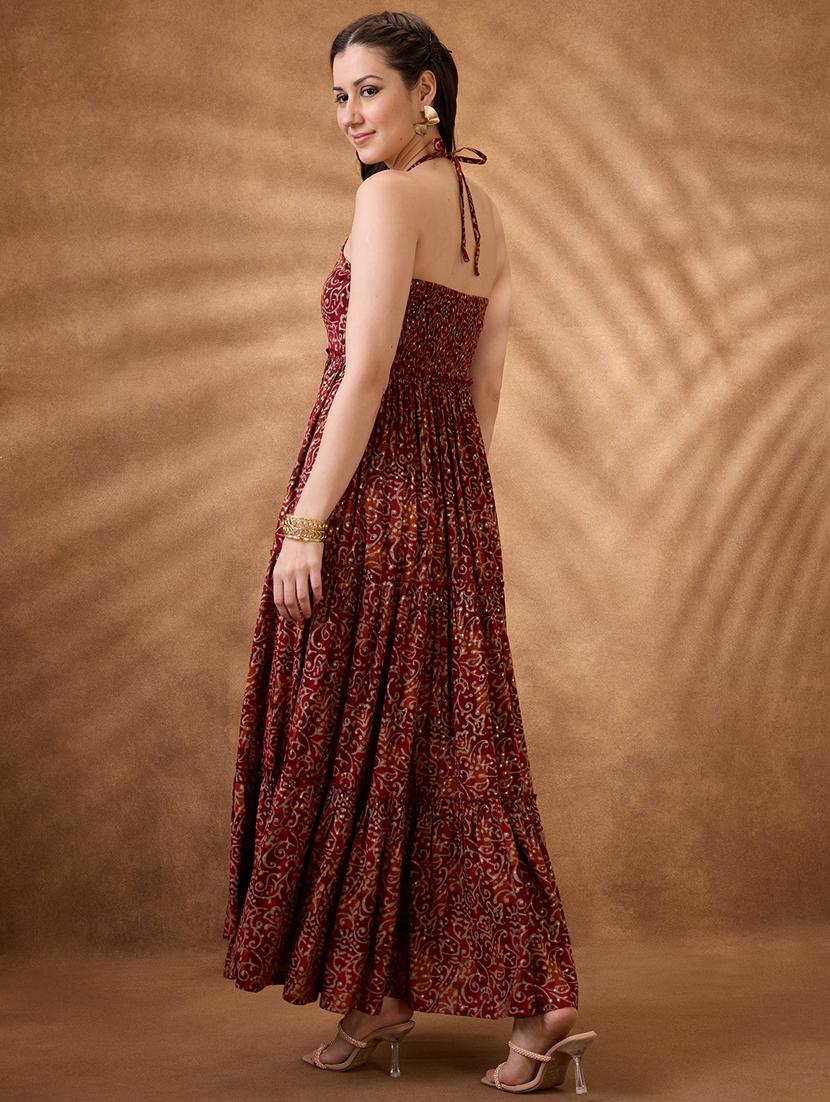 women maroon printed halter neck tiered ethnic dress - 21853730 - Standard Image - 2
