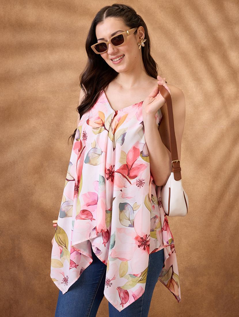 women floral printed shoulder strap asymmetric top