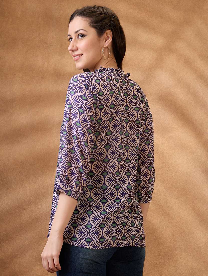 women blue printed three quarter sleeve ethnic top - 21853734 -  Standard Image - 2
