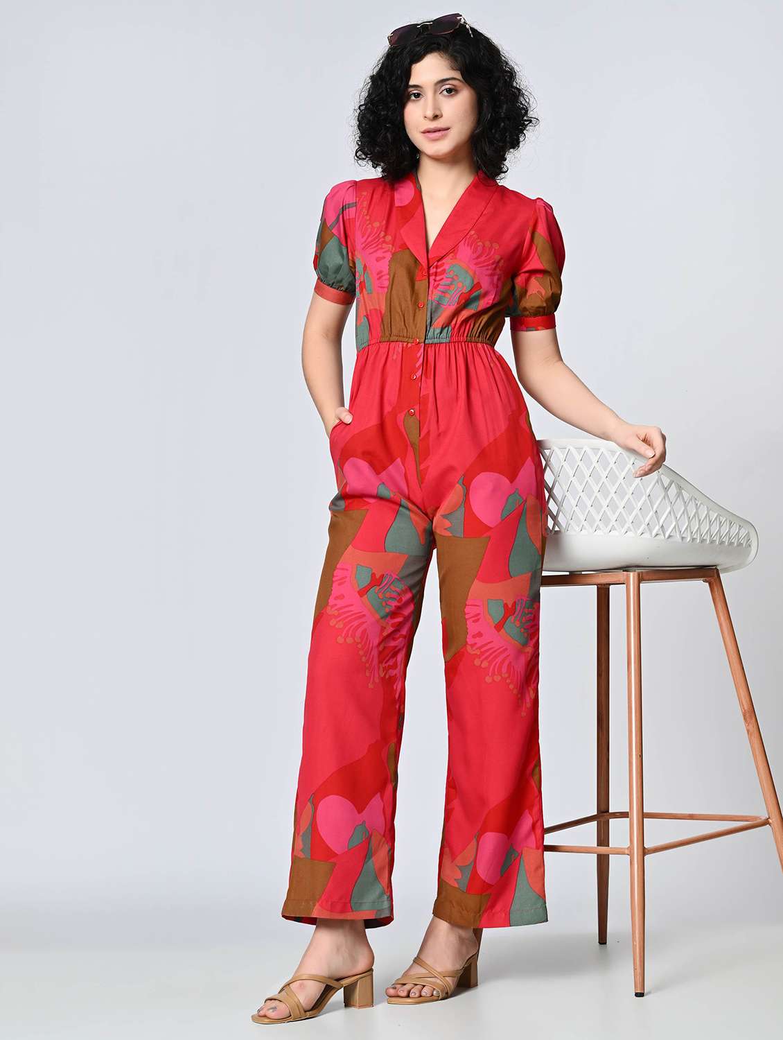 women printed puff sleeves full length jumpsuit