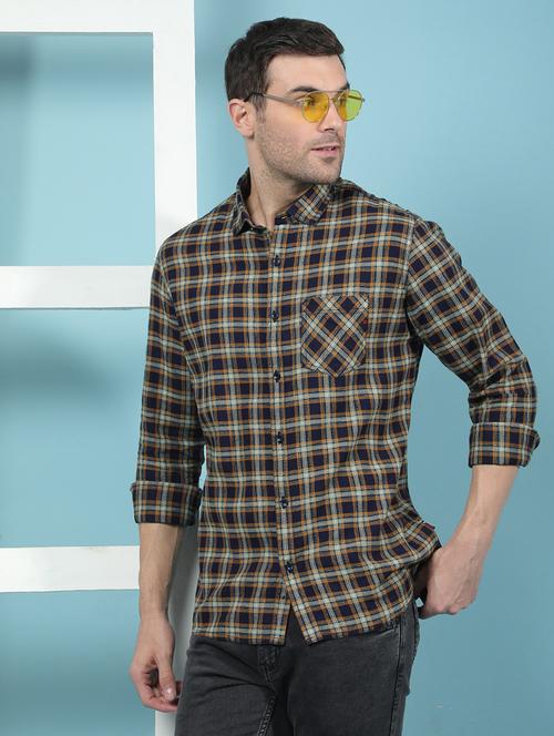 men yellow checked long sleeve casual shirt - 21853811 - Standard Image - 0