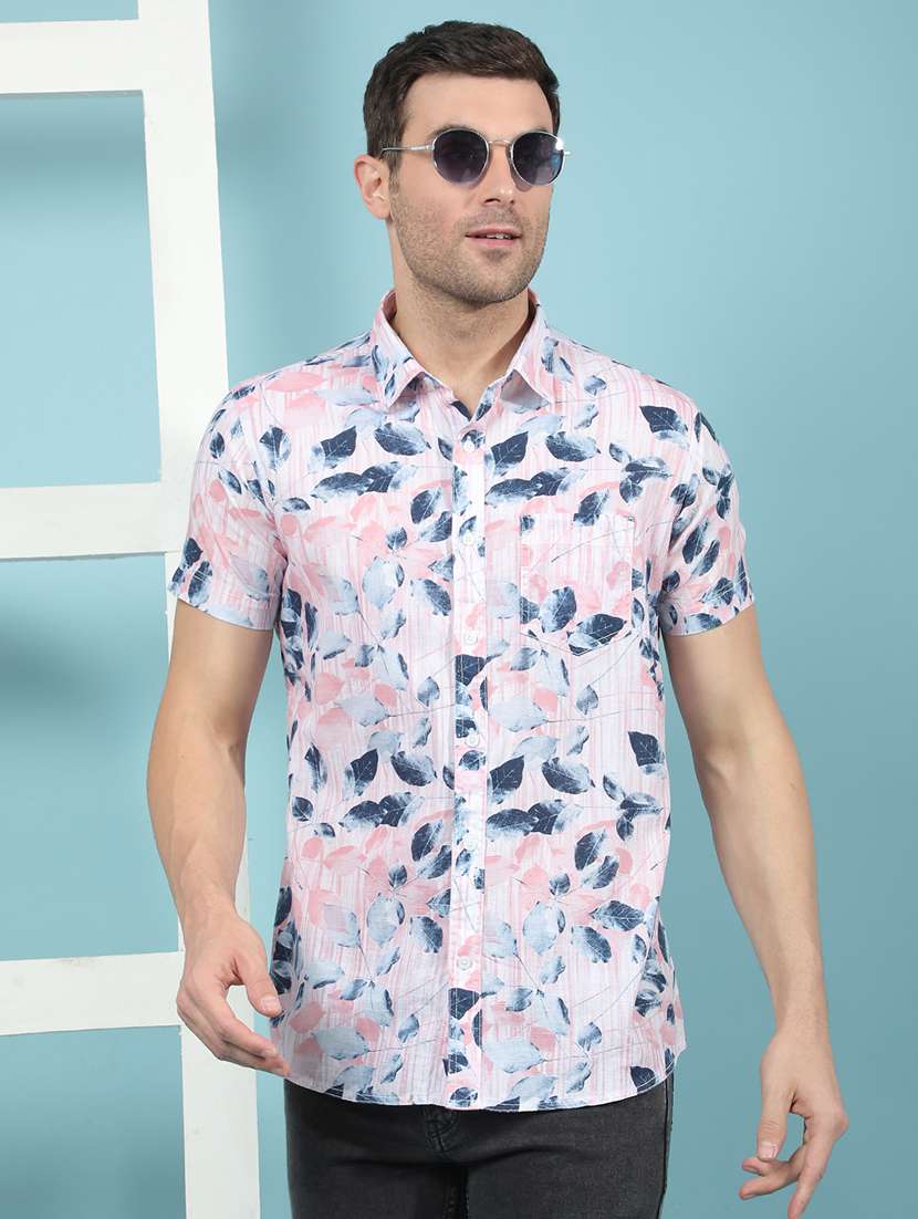 men pink printed short sleeve casual shirt