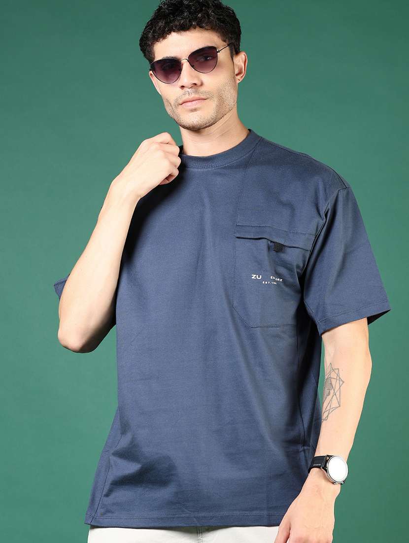 men navy blue typographic short sleeve regular fit t-shirt