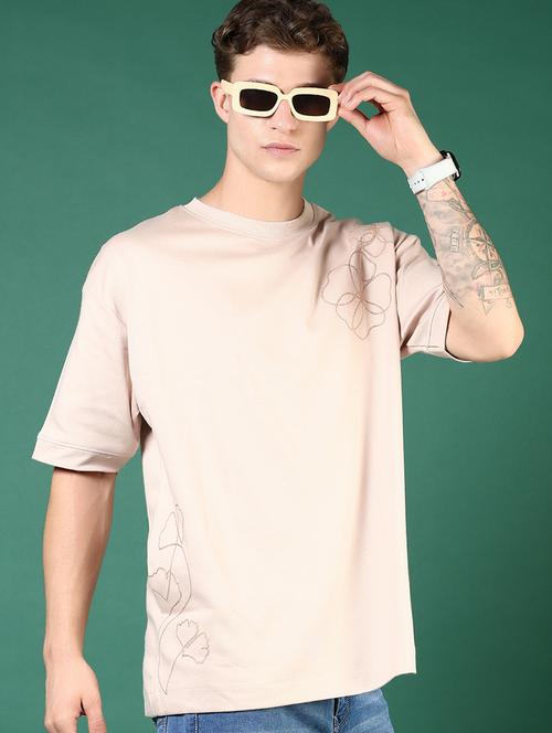 men beige self design short sleeve regular fit t-shirt - 21853850 - Standard Image - 0