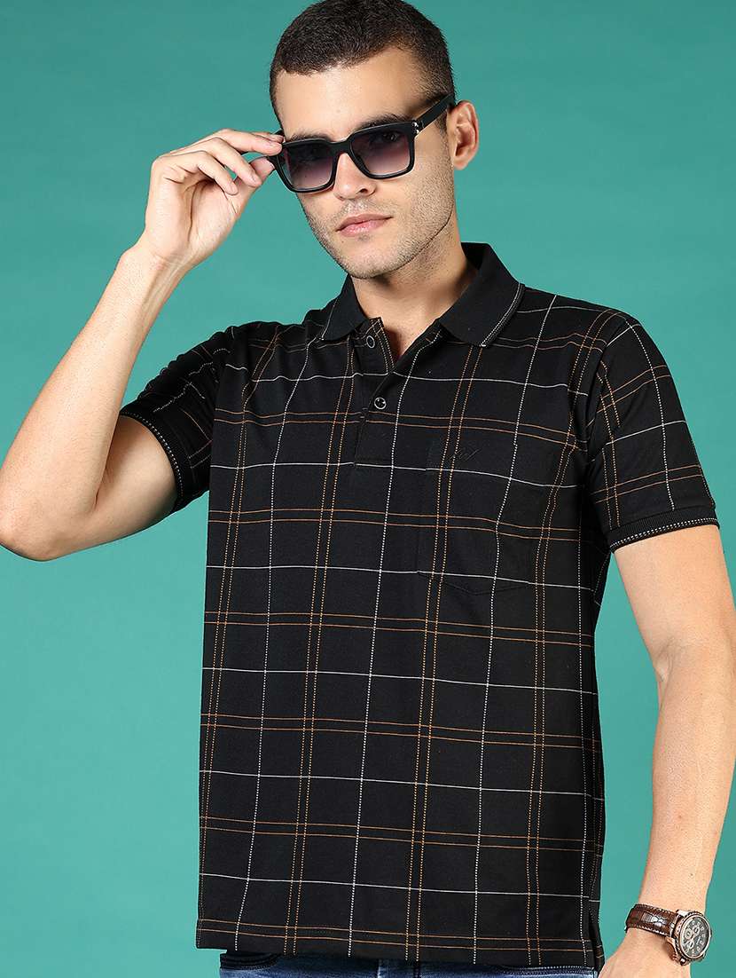 men black checkered short sleeve regular fit polo t-shirt