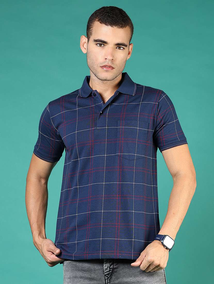 men navy blue checkered short sleeve regular fit polo t-shirt
