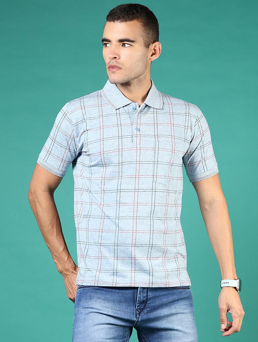 men light blue checkered short sleeve regular fit polo t-shirt - 21853885 - Zoom Image - 0
