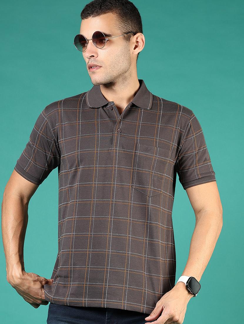 men grey checkered short sleeve regular fit polo t-shirt