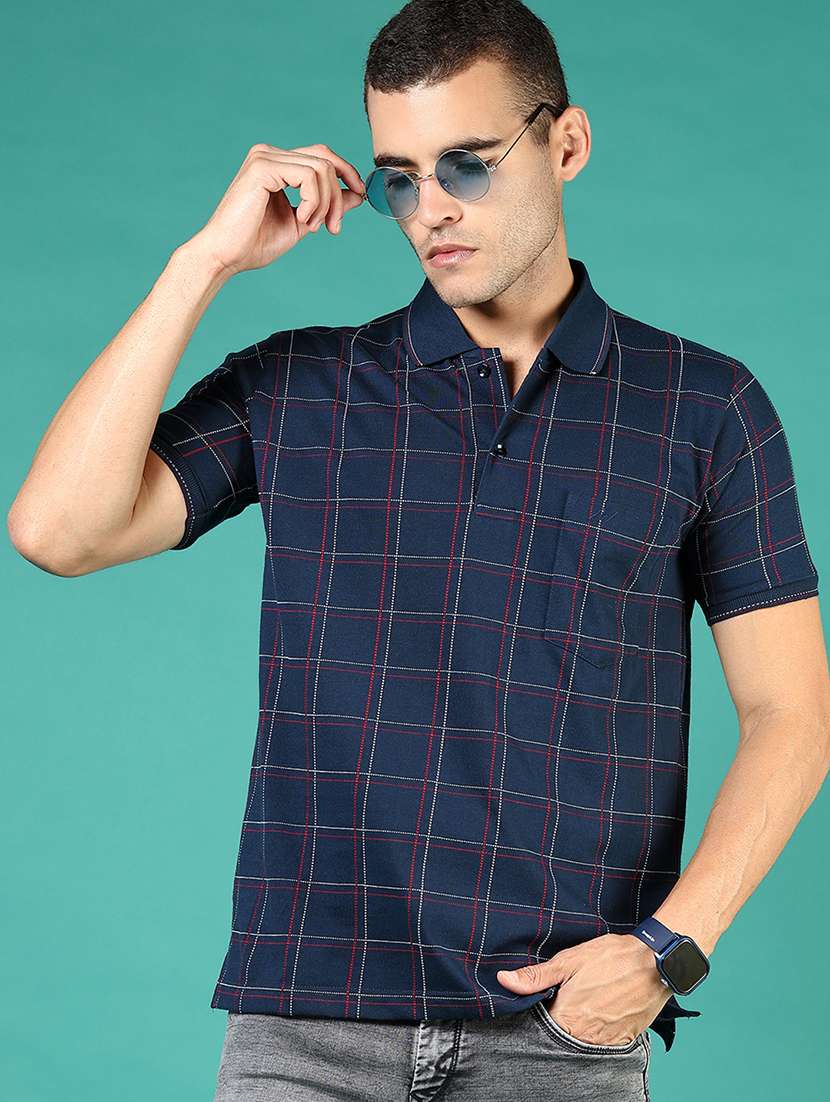 men navy blue checkered short sleeve regular fit polo t-shirt