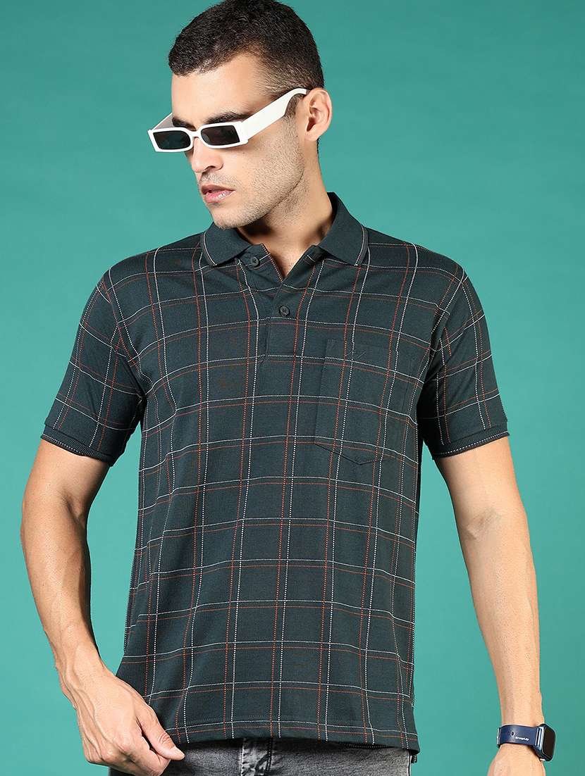 men teal checkered short sleeve regular fit polo t-shirt