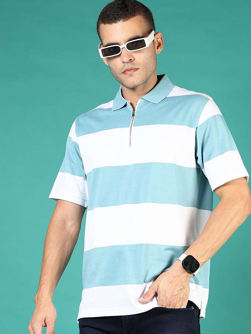 men striped short sleeve loose fit polo t-shirt