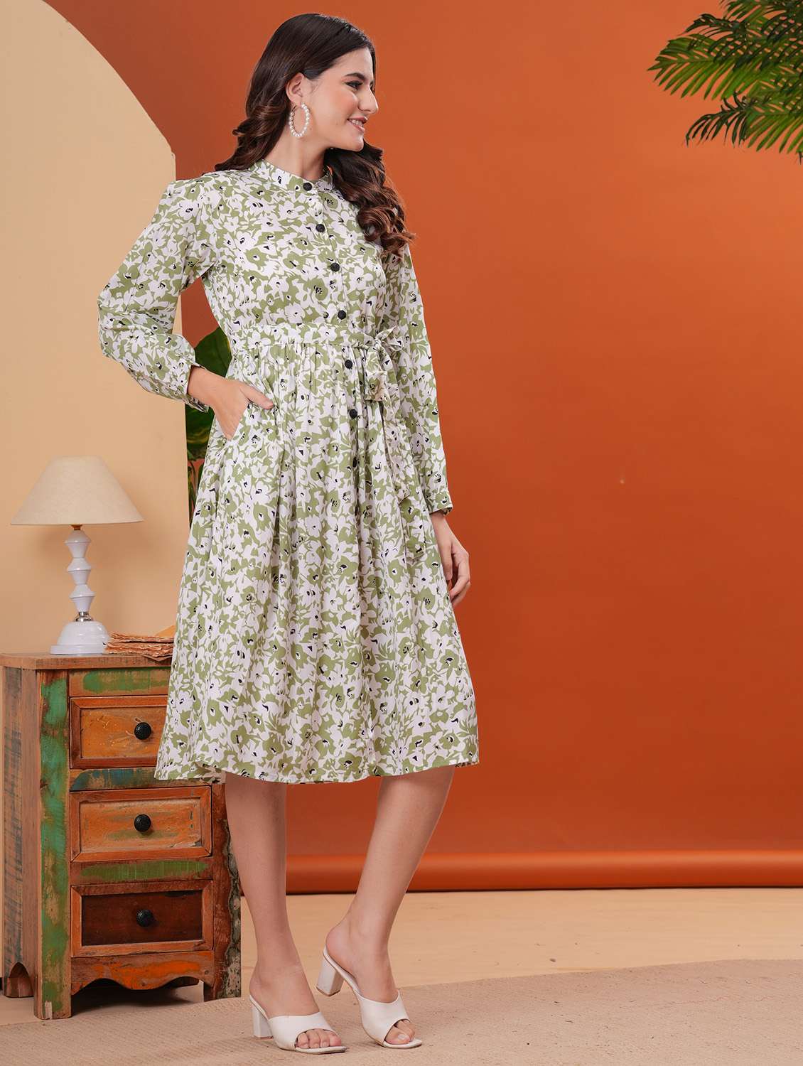 women printed puff sleeves fit & flare dress - 21854026 -  Standard Image - 2