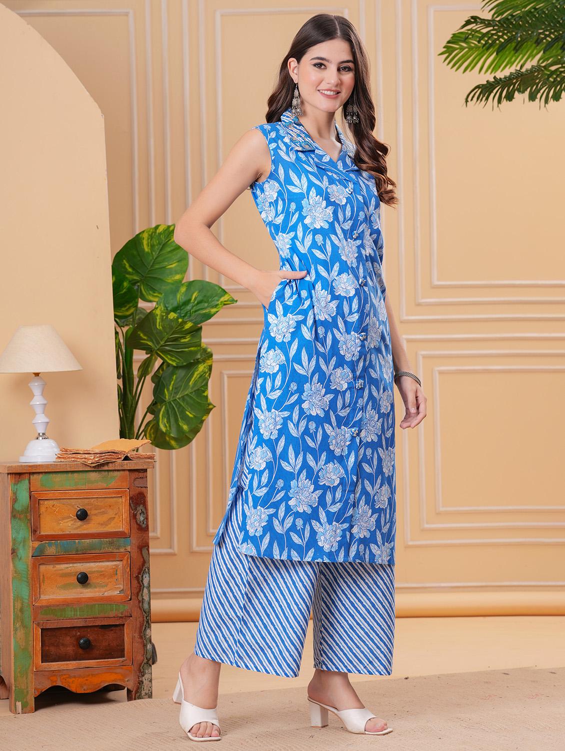 women floral printed sleeveless kurta palazzo set - 21854064 - Standard Image - 2