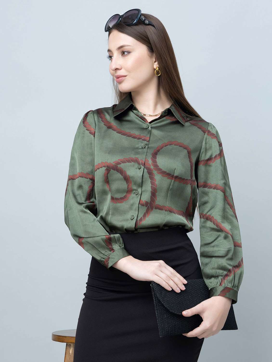 women printed collared long sleeves regular shirt